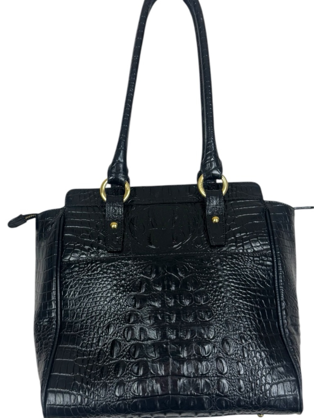 Brahmin Embossed Crocodile Shoulder Zip Top Black Bag - Picture 2 of 14